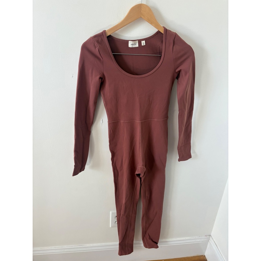 Wilfred Free Divinity Jumpsuit Long Sleeve Scoop Neck Unitard Rosewood Brown XS